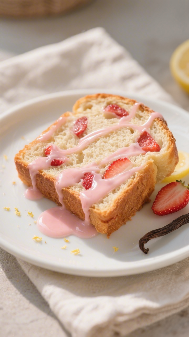 Close-up detail of the finished strawberry bread slice drizzled with a thin, pourable strawberry gla