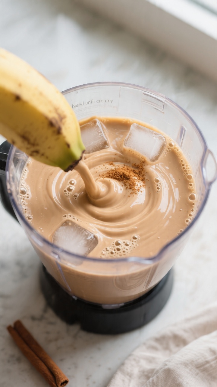 Close-up detail/process shot: A thick, creamy banana peanut butter smoothie mid-blend in a clear hig