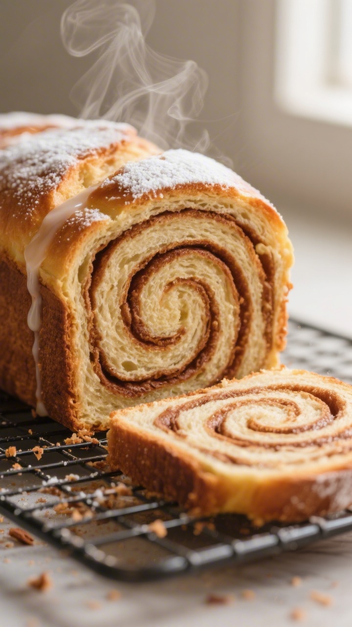 Close-up detail, process shot: A tight, side-angle macro of a just-sliced cinnamon swirl bread loaf 