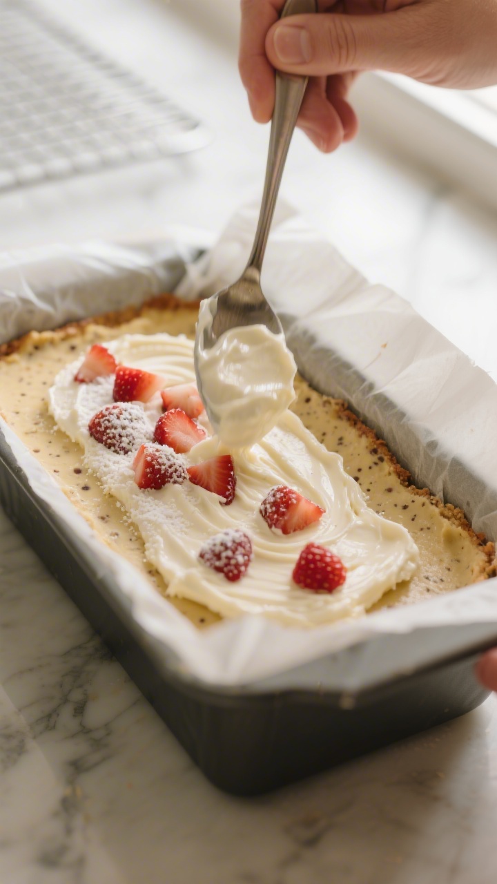 Close-up detail, process shot: The cheesecake layer being spooned and gently spread over the first l