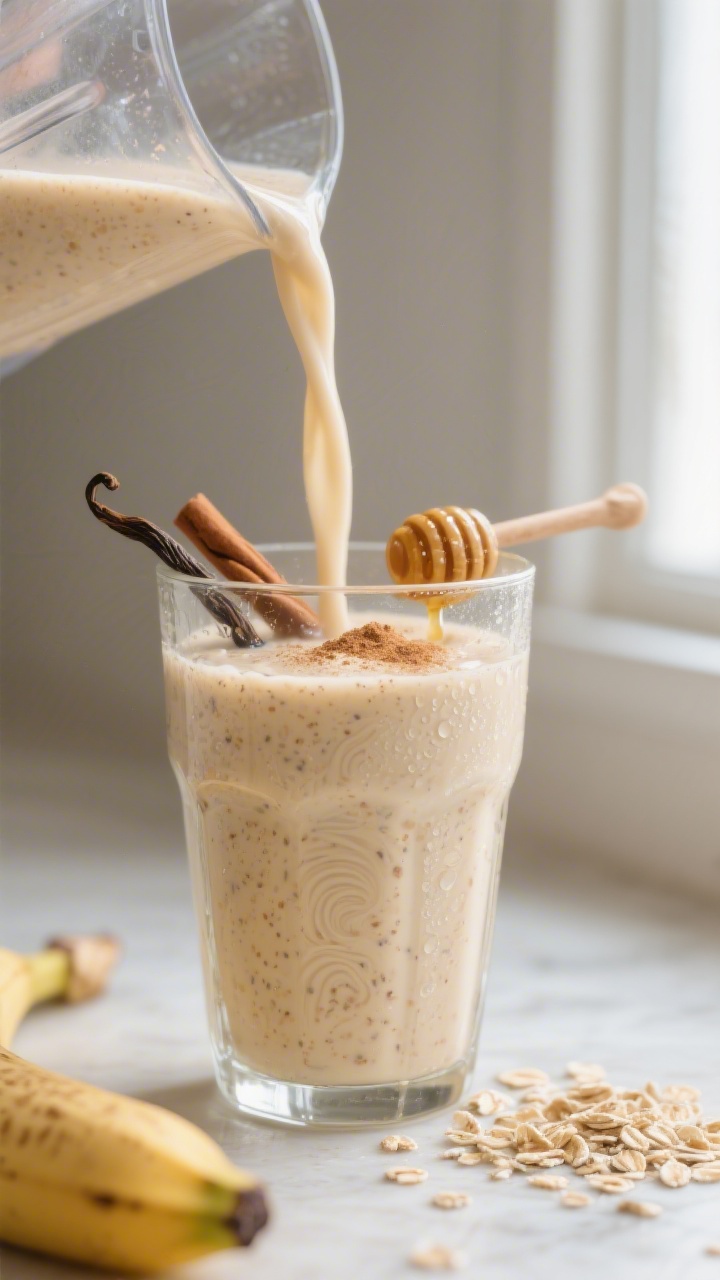 Close-up detail shot: A freshly blended banana–oat smoothie being poured in a silky ribbon from a 
