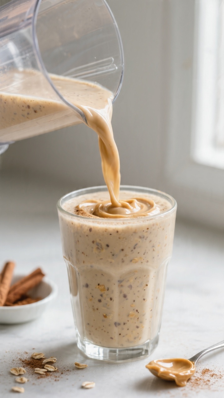 Close-up detail shot: A thick, creamy peanut banana smoothie being poured from a blender into a chil