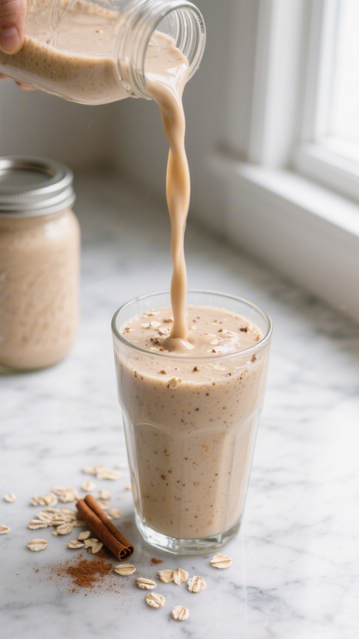 Close-up detail shot of a freshly blended banana oats smoothie being poured into a tall clear glass,