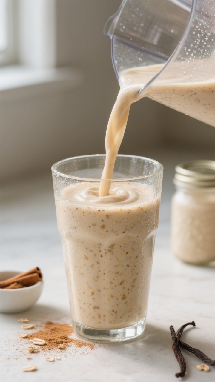 Close-up detail shot of a freshly blended Creamy Banana Oat Smoothie being poured from a glass blend