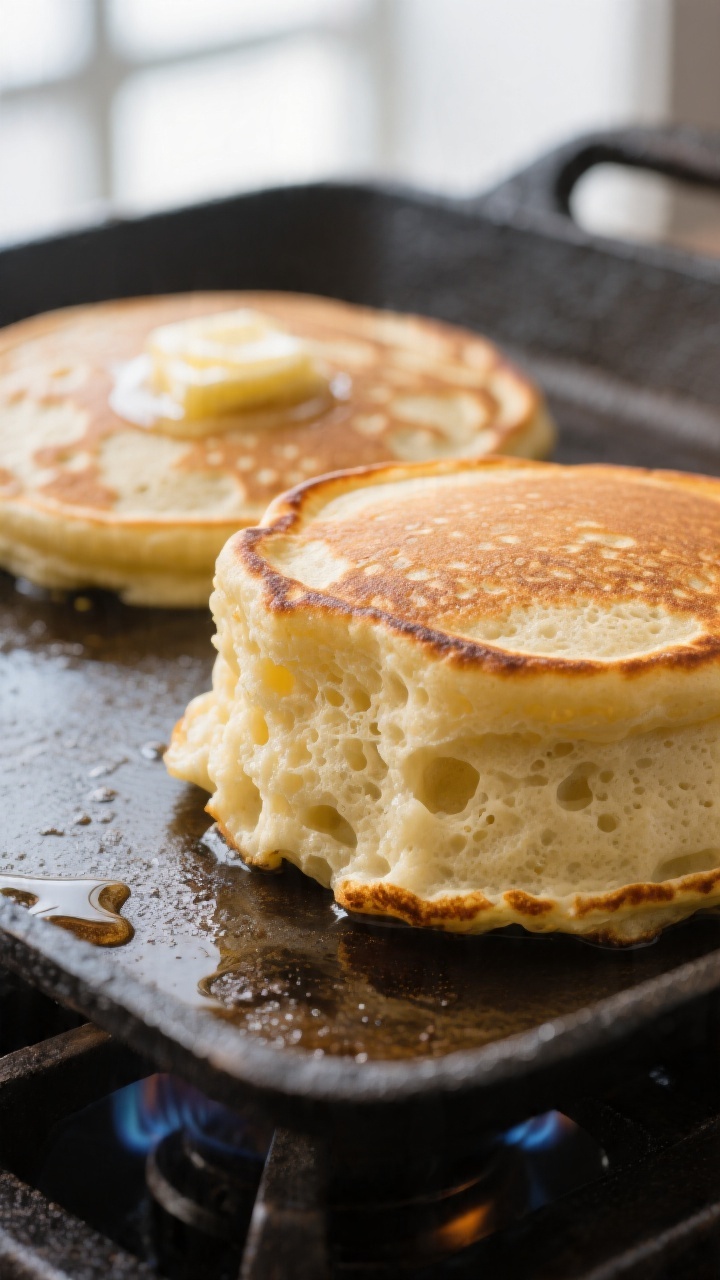 Close-up detail shot of a just-flipped pancake on a cast-iron griddle, showing tall, fluffy interior