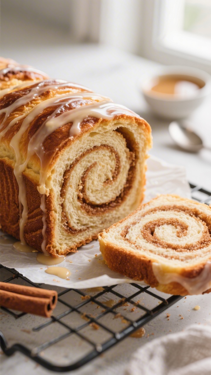 Close-up detail shot of freshly baked cinnamon-swirl bread just out of the pan, golden crust with de
