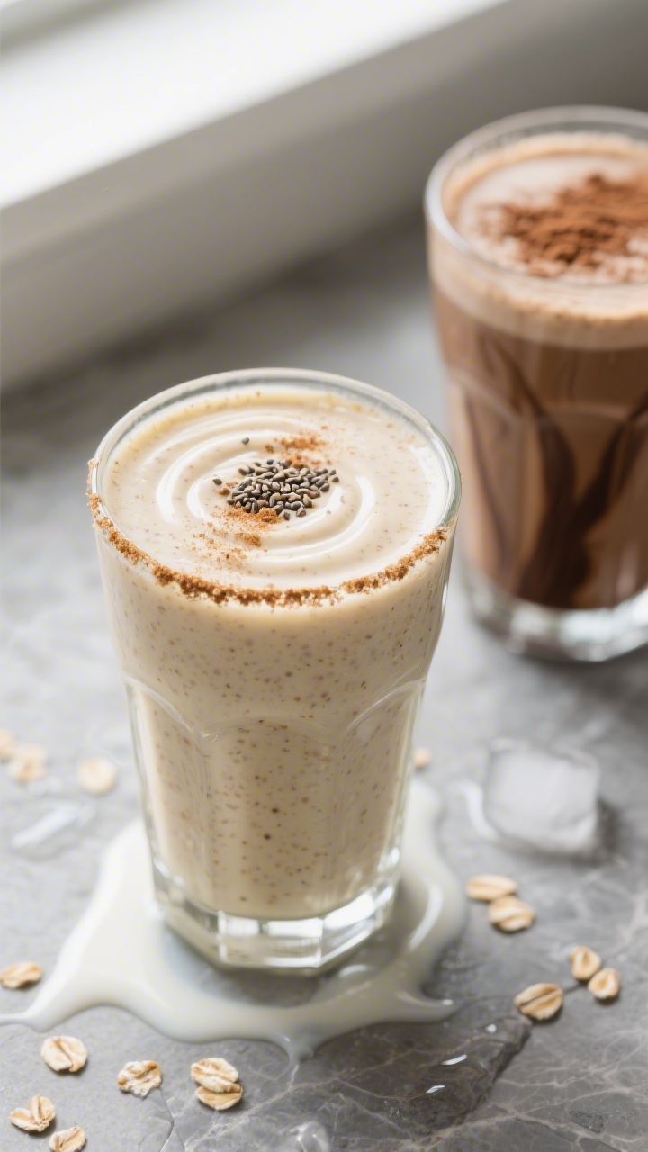 Close-up detail shot of the finished Banana & Oats Smoothie just poured into a chilled clear glass, 