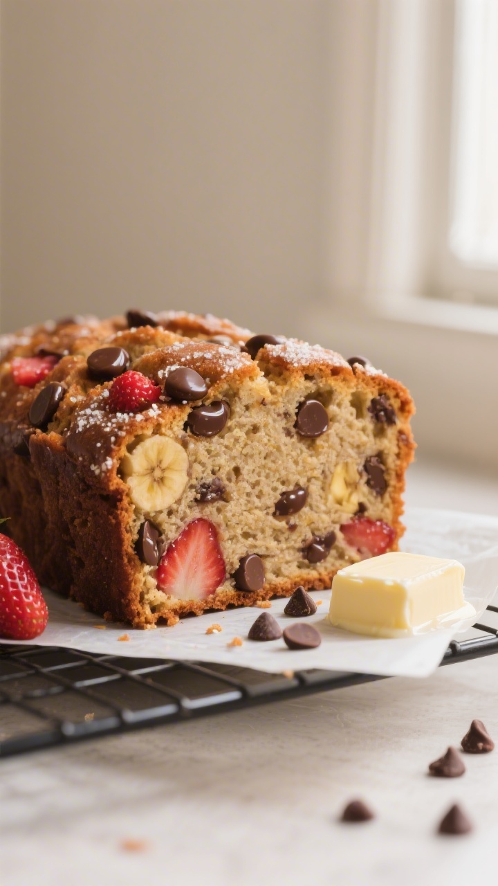 Close-up detail shot: Thick slice of chocolate chip banana bread studded with glossy, melted semiswe