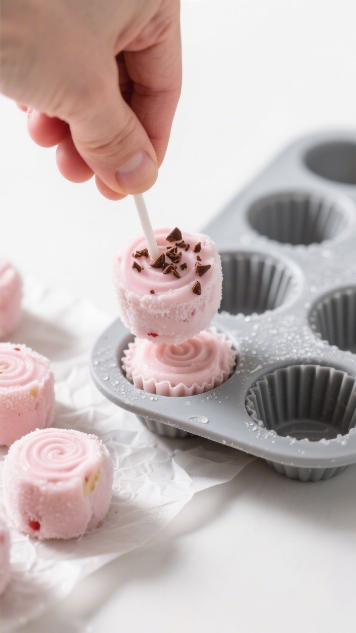 Close-up process shot of frozen strawberry banana yogurt bites being released from a silicone mini m