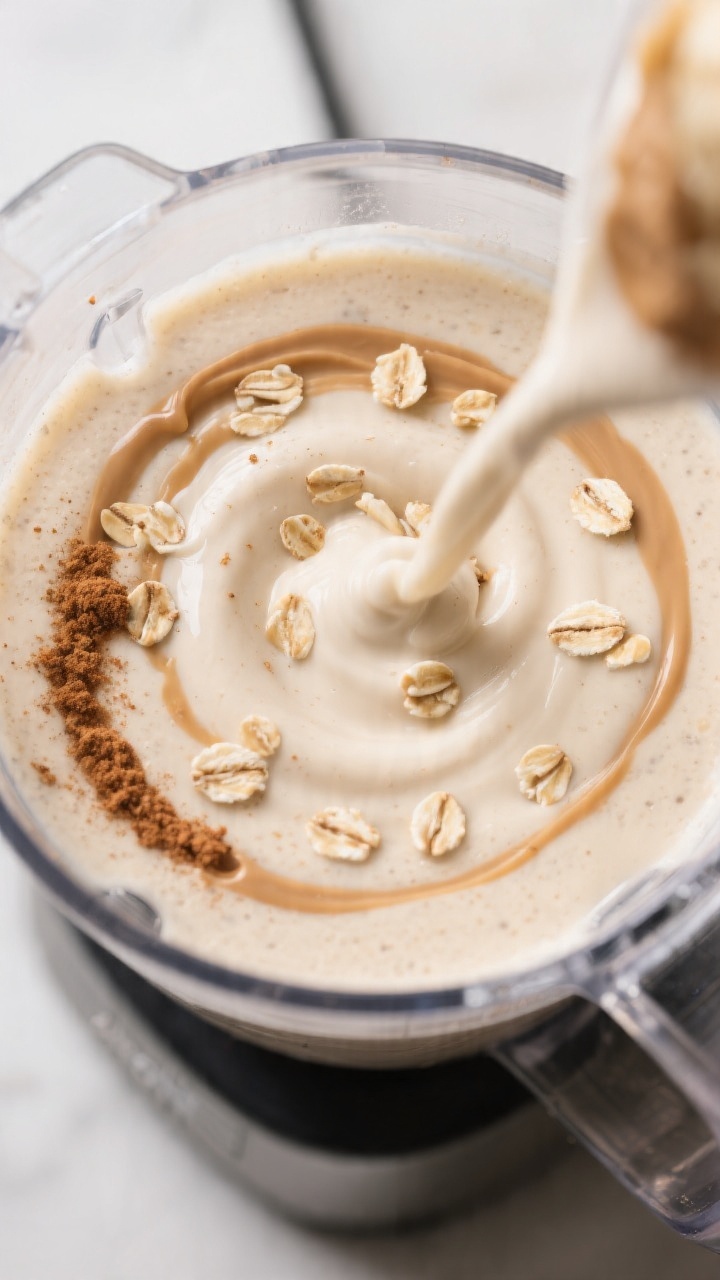 Close-up process shot of the smoothie blending stage: ultra-creamy Banana Oat Smoothie vortex inside