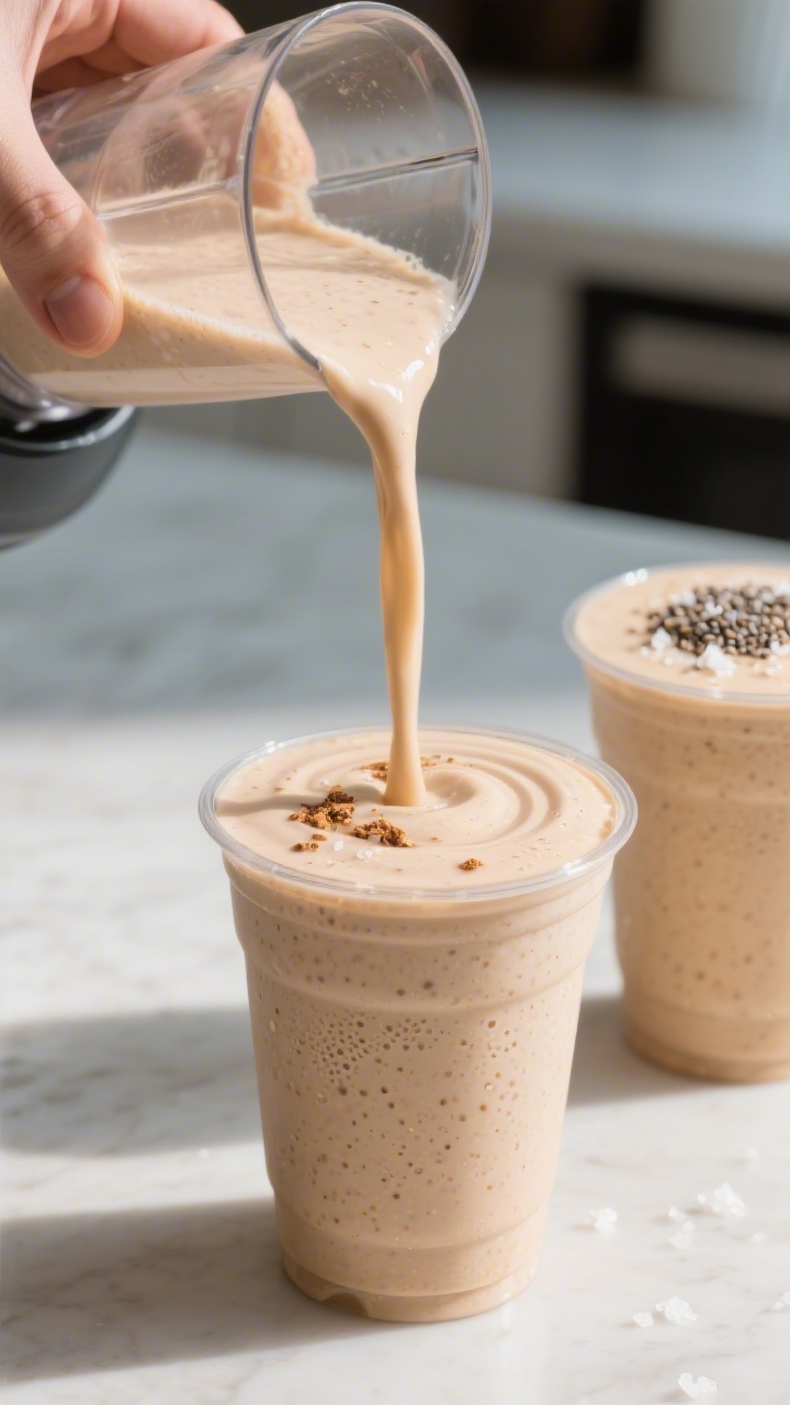 Close-up process shot of the smoothie mid-pour from a blender into a to-go cup, capturing the creamy