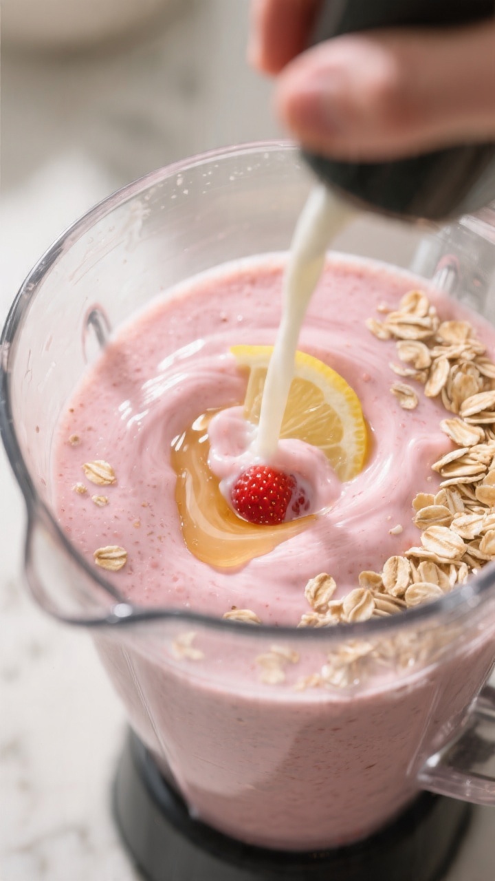 Close-up process shot: Rolled oats softening in milk inside a high-speed blender jar, then partially
