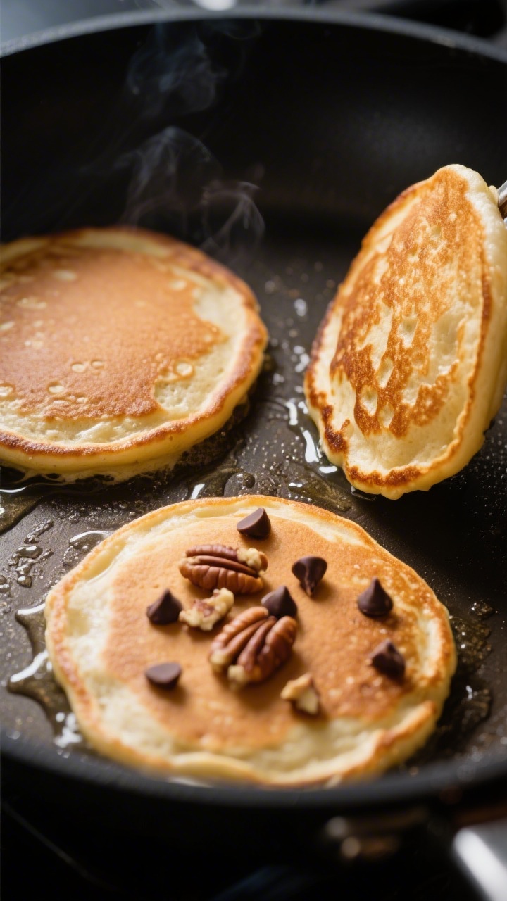 Close-up, three-quarter angle of pancakes cooking on a preheated nonstick skillet: one pancake mid-b