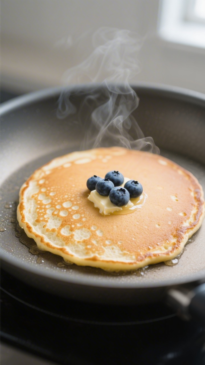 Cooking process close-up: A fluffy vegan pancake mid-cook on a preheated nonstick skillet, golden-br