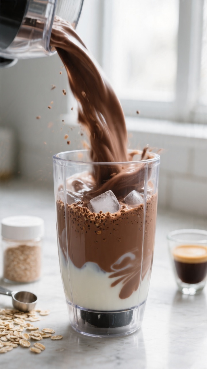 Cooking process close-up: A high-speed action shot of a creamy chocolate oat smoothie blending to a 