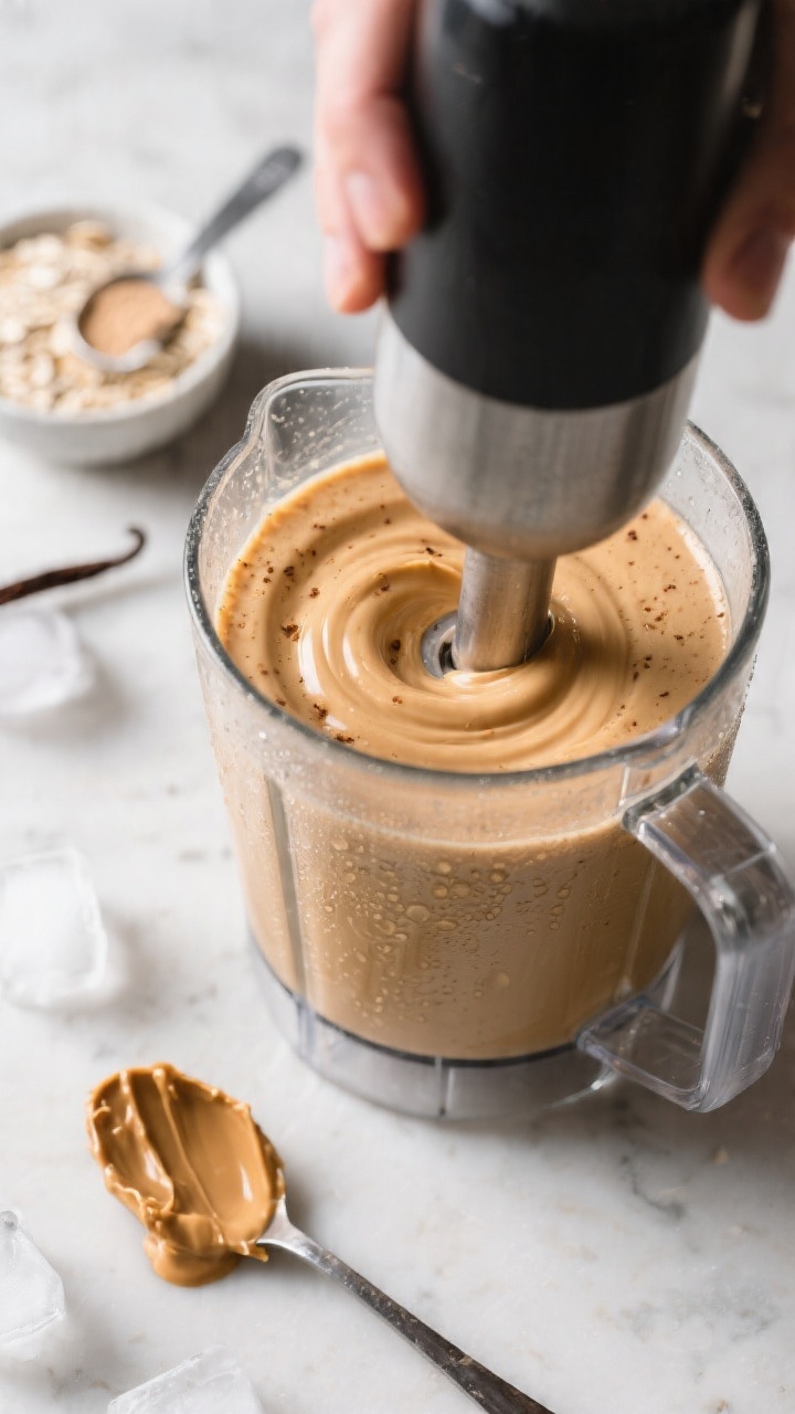 Cooking process close-up: A high-speed blender mid-blend with a creamy peanut butter smoothie swirli