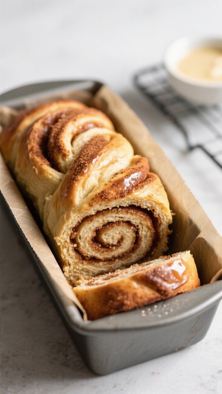 Cooking process close-up: A sliced-open cinnamon twist loaf just after twisting, nestled in a parchm