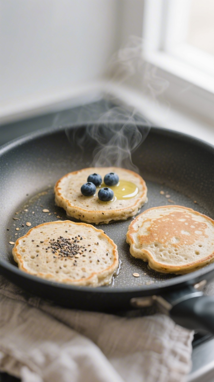 Cooking process close-up: Banana oat pancakes on a nonstick skillet at medium heat, three small panc