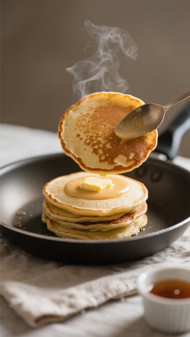 Cooking process, close-up detail: A stack-in-progress of vegan pancakes on a preheated nonstick skil