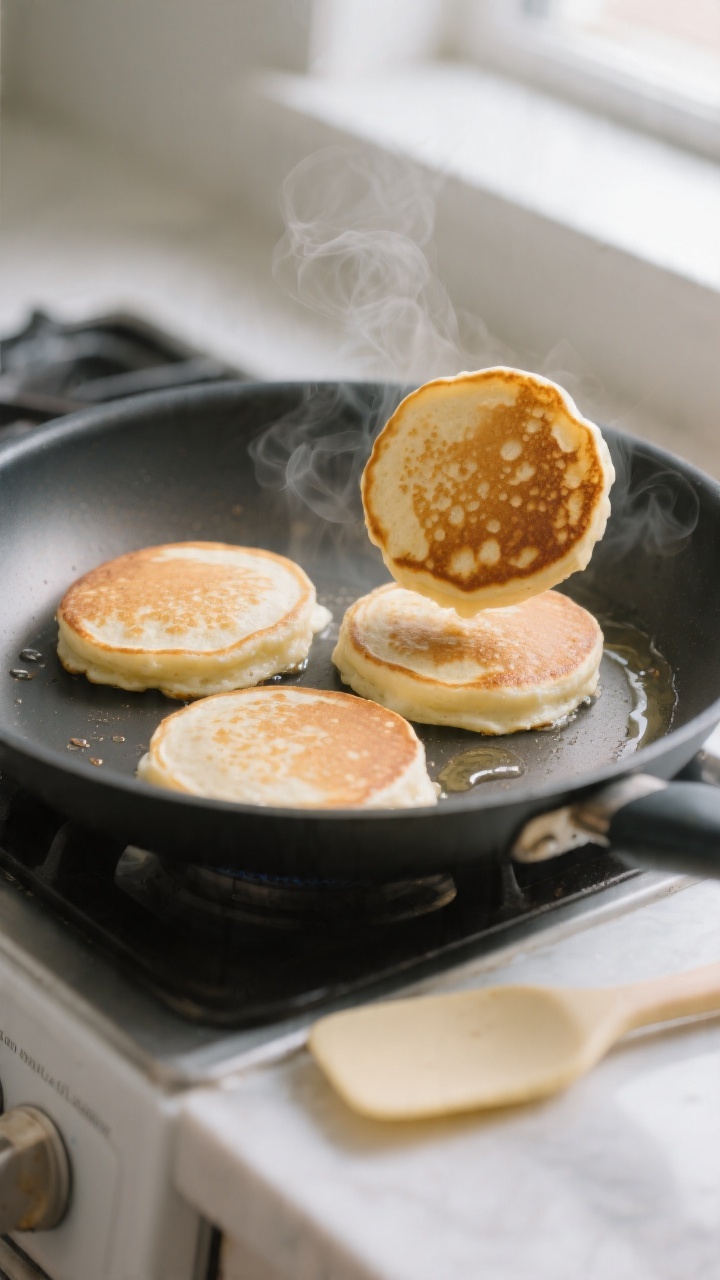 Cooking process close-up: Fluffy banana-Greek yogurt pancakes on a nonstick skillet at medium heat, 