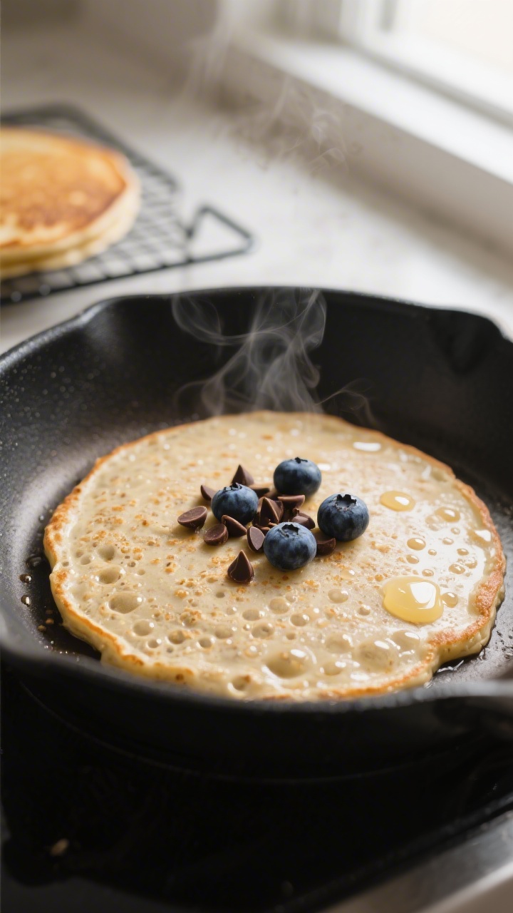 Cooking process close-up: Fluffy gluten-free oats pancake mid-cook on a matte-black nonstick skillet