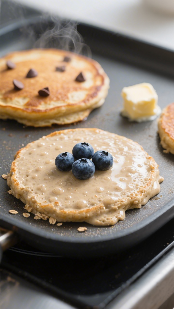 Cooking process close-up: Oatmeal pancake batter pooling into 1/4-cup rounds on a preheated nonstick