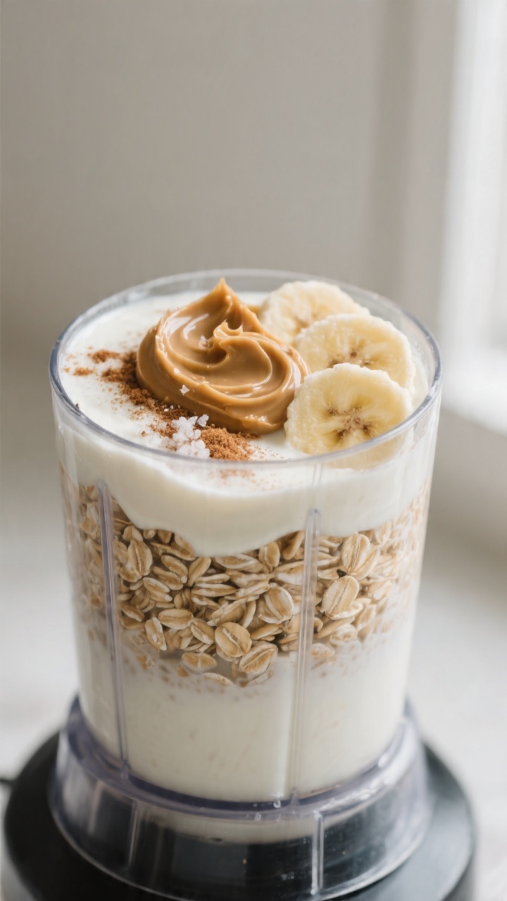 Cooking process close-up: Oats soaking in milk inside a blender jar, after 2–3 minutes, looking vi