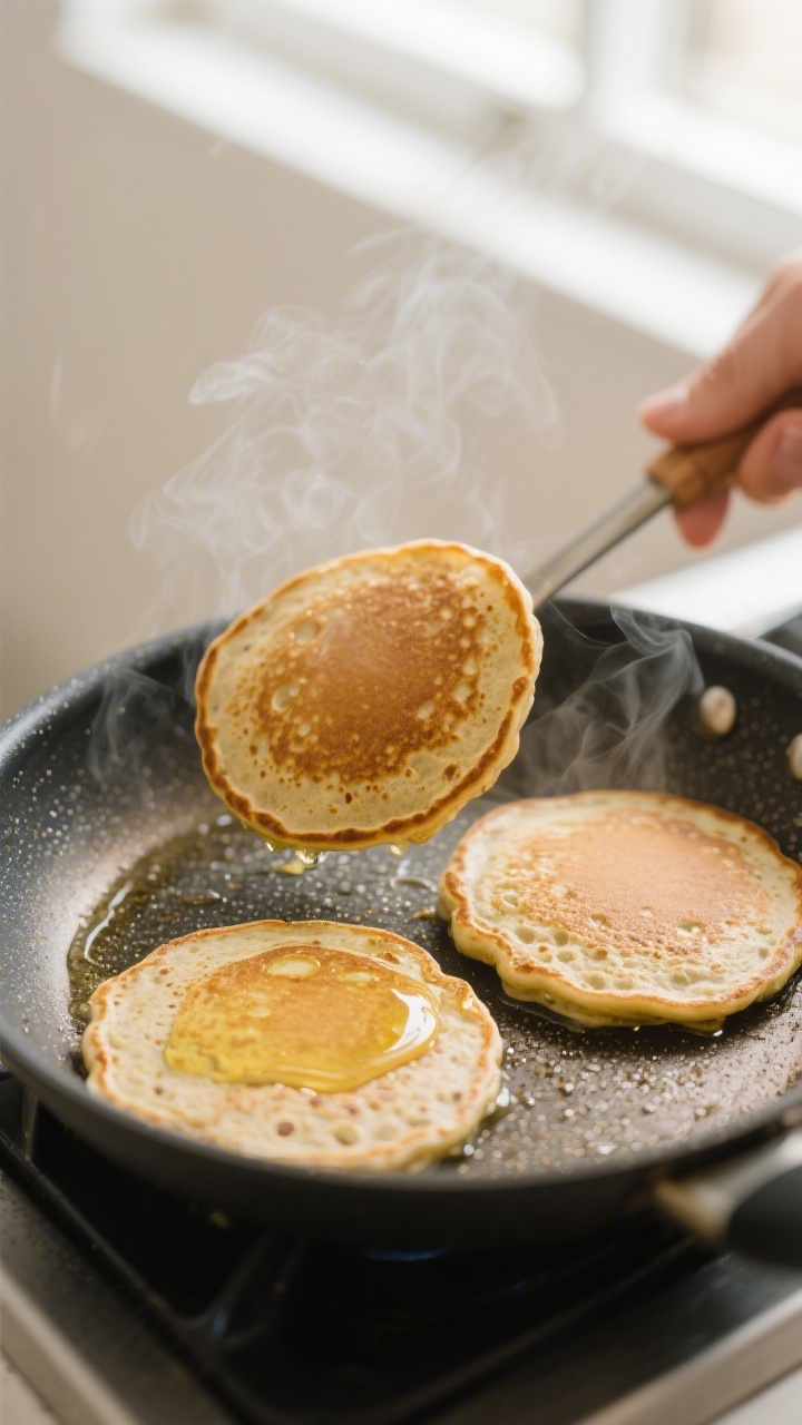Cooking process close-up: Three oat-protein pancakes mid-cook on a preheated nonstick skillet, golde