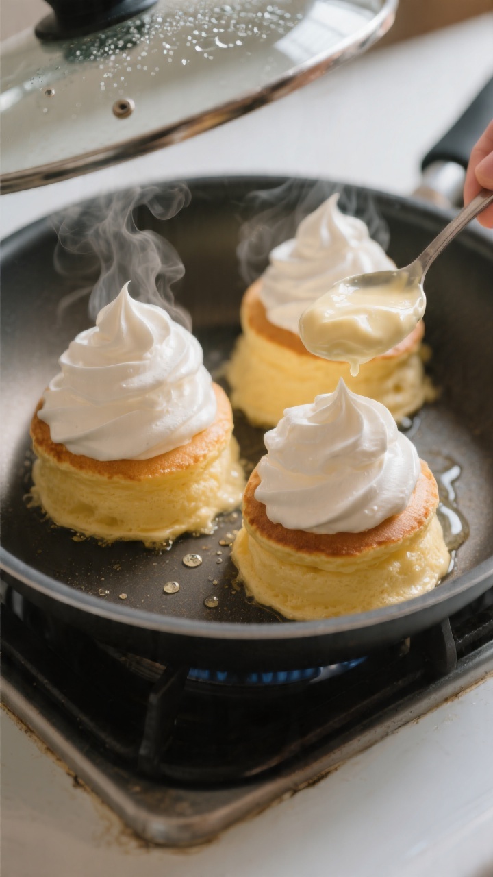Cooking process close-up: Three towering mounds of Japanese soufflé pancake batter cooking in a pre
