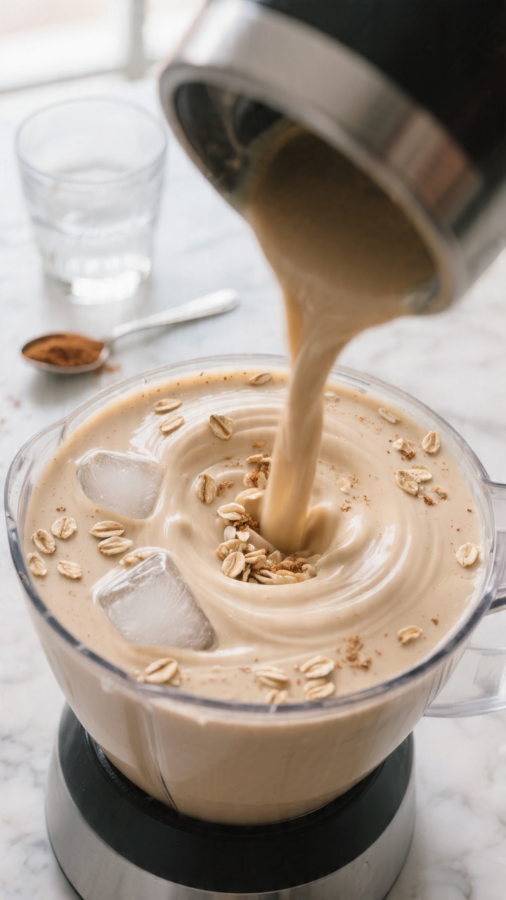Cooking process shot: Close-up of a high-speed blender jar mid-blend with a creamy peanut butter oat