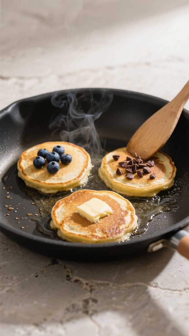Cooking process — Vegan banana pancakes on a non-stick skillet: medium overhead shot of three panc