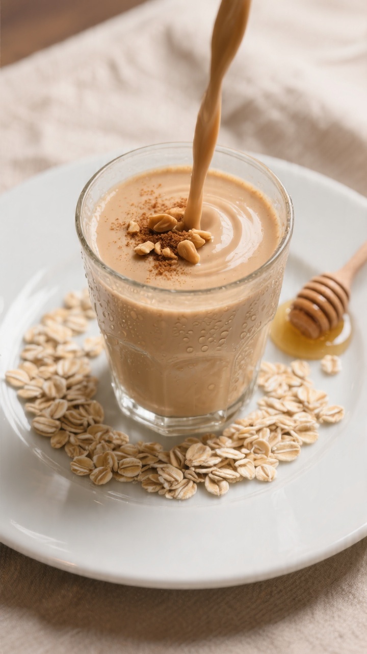 Final dish overhead: Peanut Butter Oatmeal Smoothie poured into a chilled clear glass, ultra-smooth 