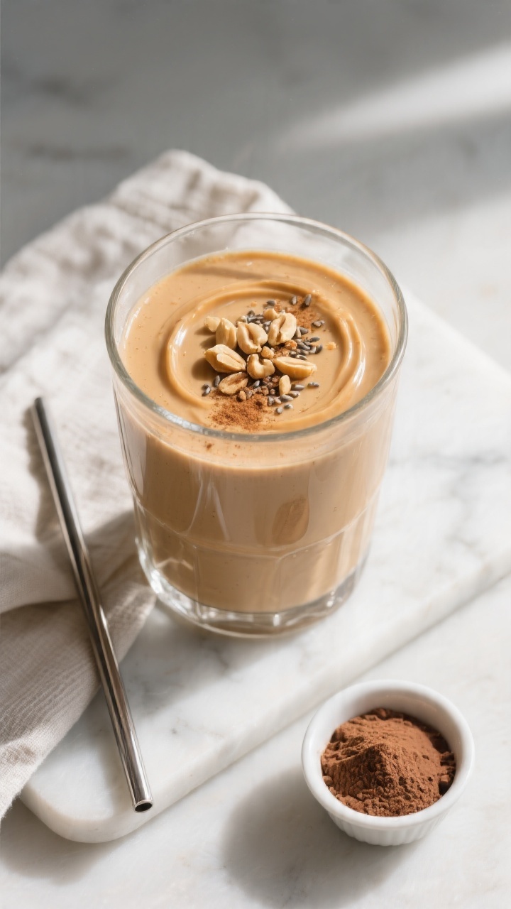 Final dish overhead: Tasty top-down shot of a poured peanut butter smoothie in a chilled, clear glas