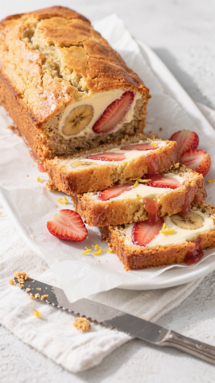 Final dish, tasty top view: Overhead shot of the baked Creamy Strawberry Banana Bread loaf, deeply g