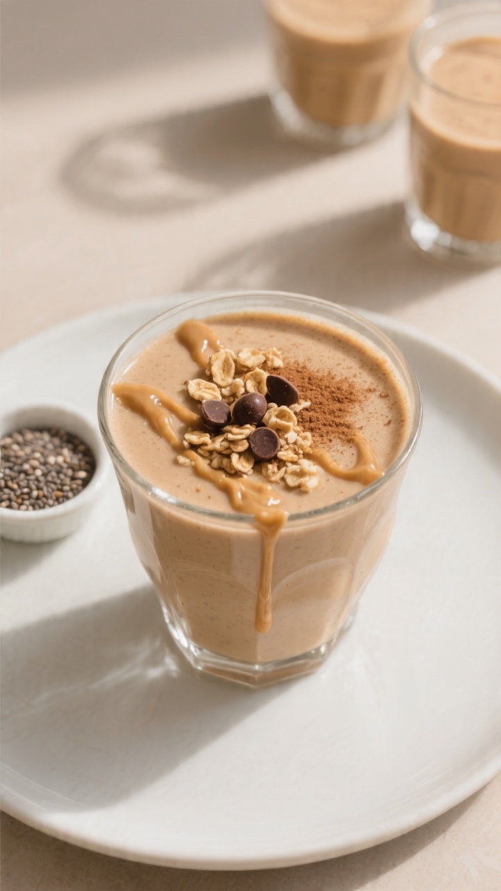 Final dish/top-down presentation: Overhead shot of a poured banana peanut butter smoothie in a chill