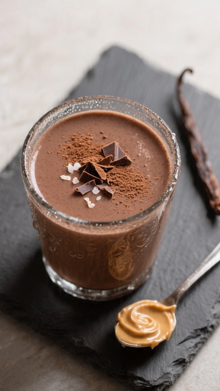 Final dish top-view: Overhead shot of a poured creamy chocolate oat smoothie in a chilled clear glas