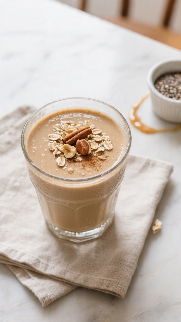 Final dish top view: Overhead shot of a thick, creamy peanut butter oat smoothie poured into a chill