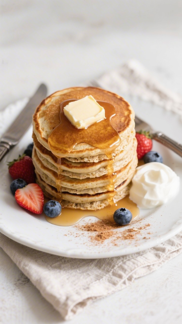 Final plated overhead: A tall stack of golden gluten-free oats pancakes on a white ceramic plate, pa