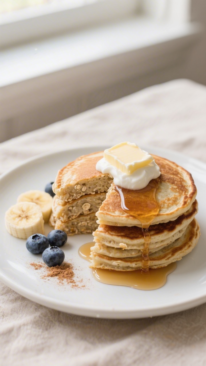 Final plated overhead: Stack of fluffy oatmeal pancakes on a matte white plate, crisp edges and soft