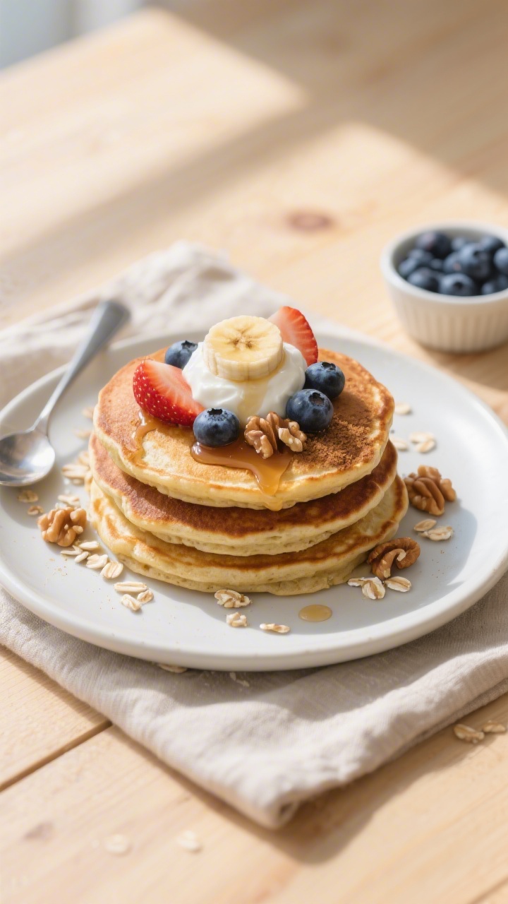 Final plated overhead: Stack of three golden-brown banana oat pancakes on a matte white plate, toppe