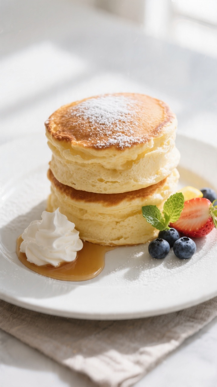 Final plated overhead: Stack of two ultra-fluffy Japanese soufflé pancakes, tall and jiggly with li