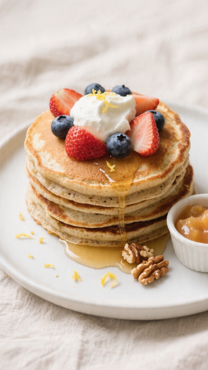 Final plated overhead: Tall stack of healthy fluffy pancakes on a matte white plate, topped with a d