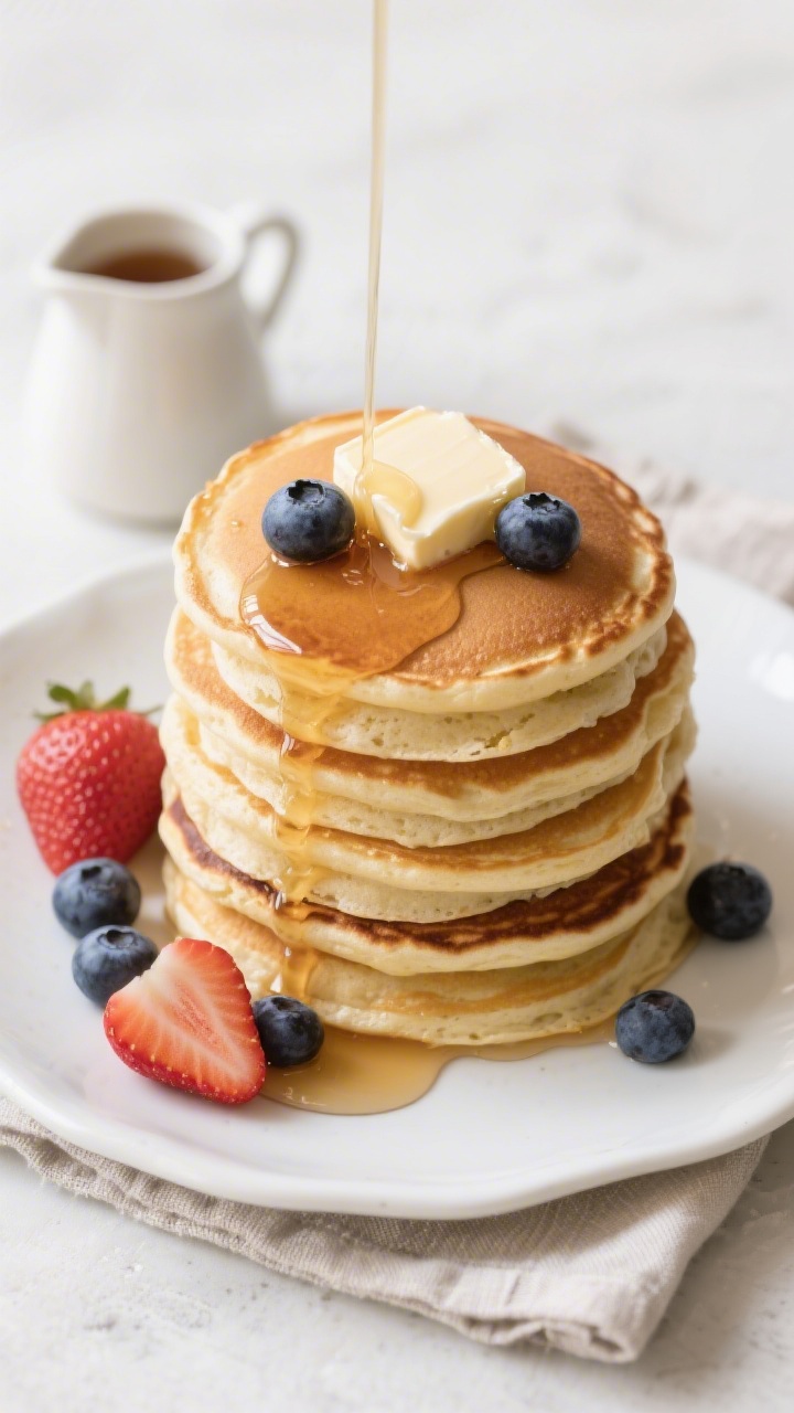 Final plated overhead: Tall stack of ultra fluffy vegan buttermilk pancakes on a white ceramic plate
