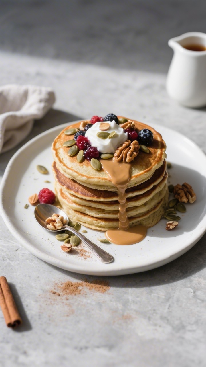Final plated, tasty top view: Overhead shot of a tall stack of fluffy high-protein vegan pancakes on