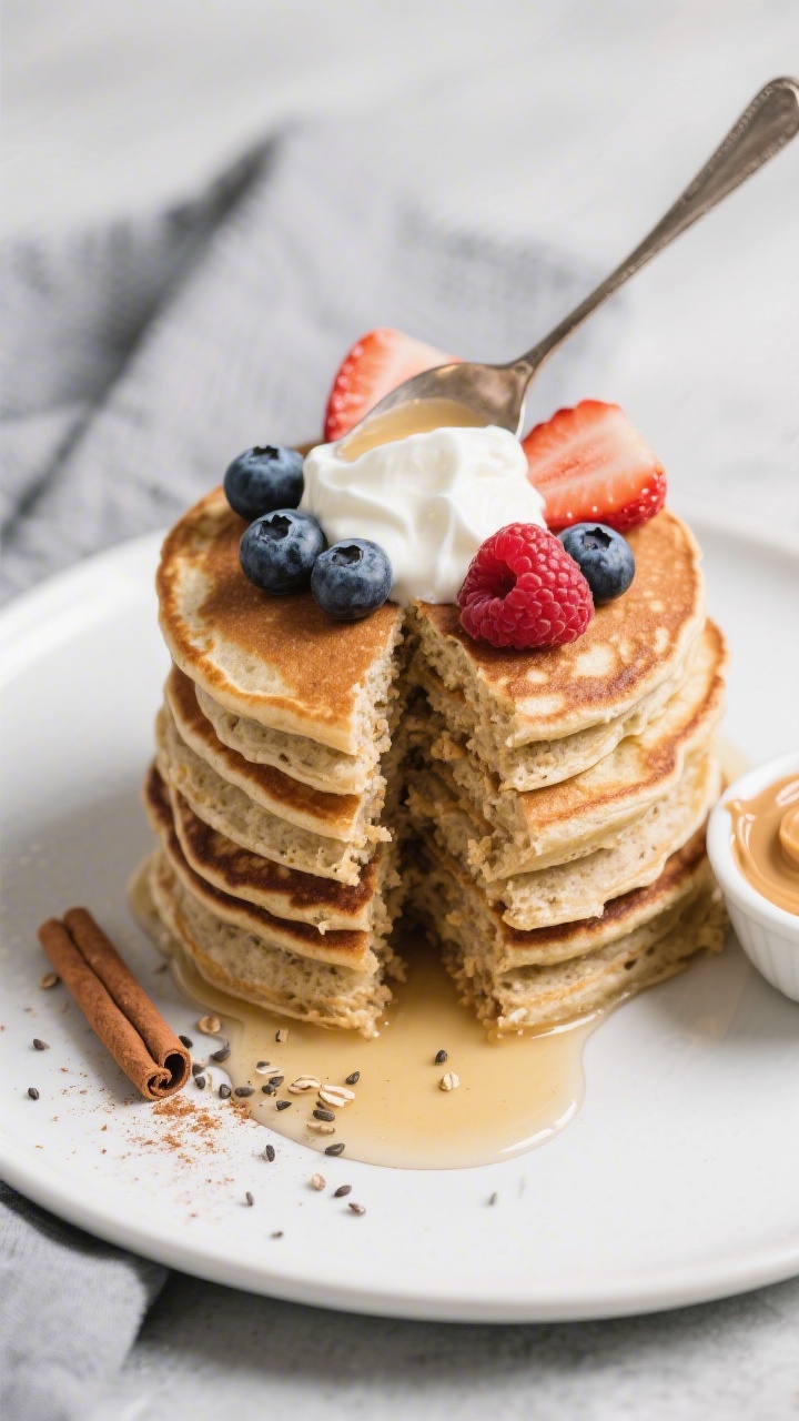 Final plated top view: Overhead shot of a tall stack of protein-packed oat pancakes on a matte white