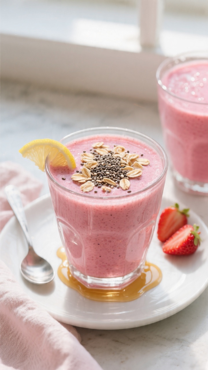 Final presentation overhead: Strawberry Oatmeal Breakfast Smoothie poured into a chilled clear glass