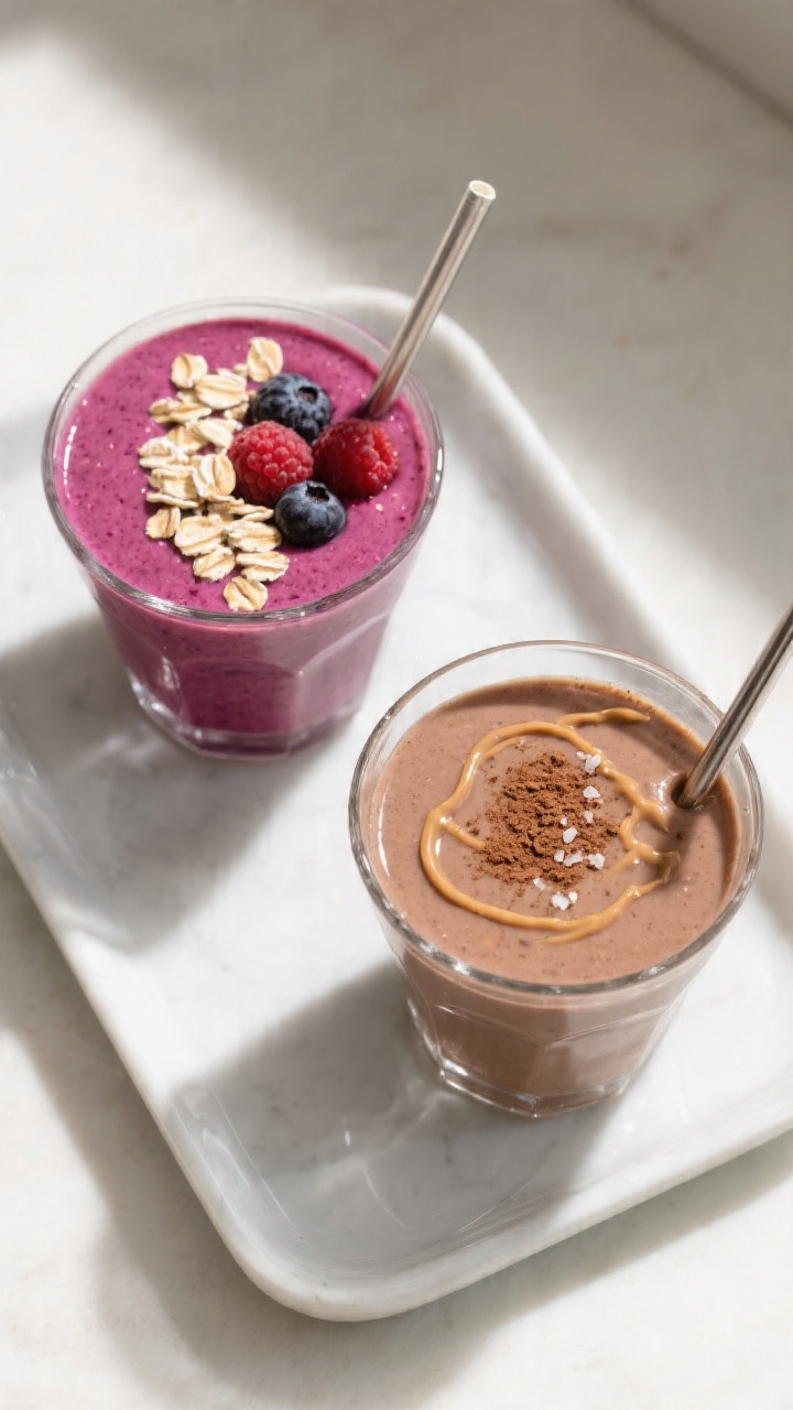 Final presentation overhead: Tasty top view of two finished smoothies—Berry Almond (deep magenta) 