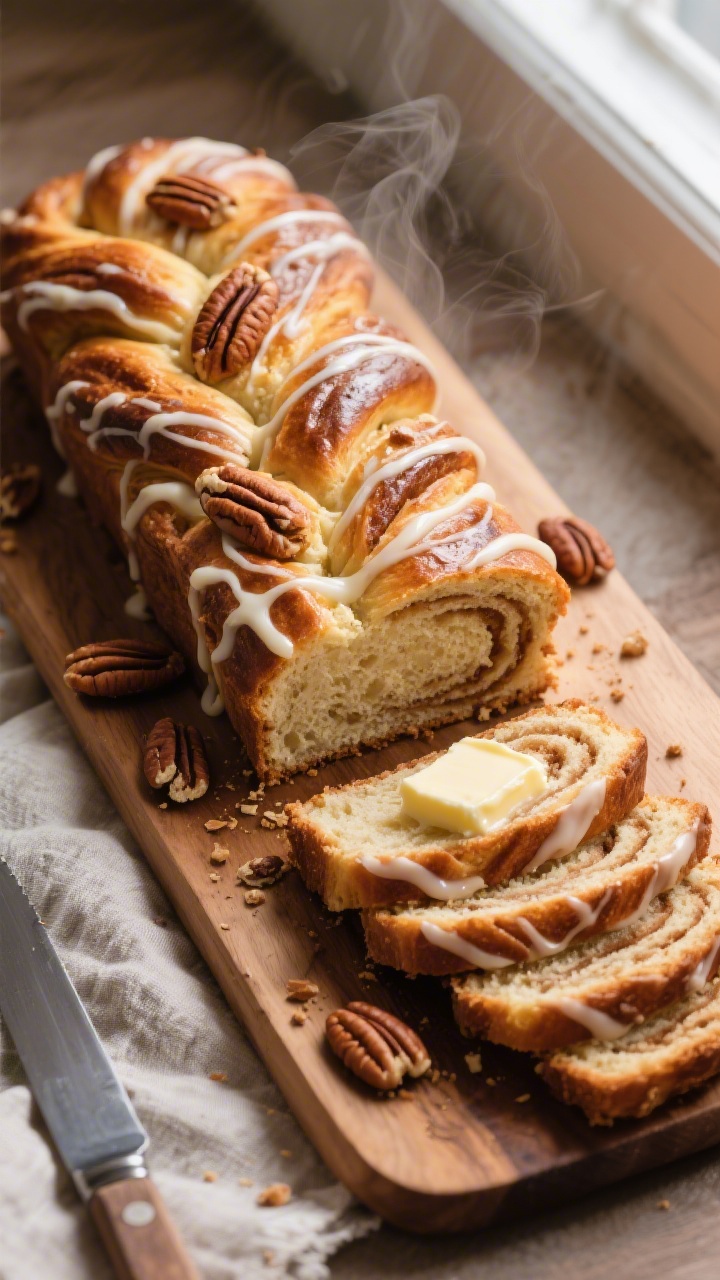 Final presentation top view: Overhead shot of the fully baked cinnamon twist loaf on a wooden board,
