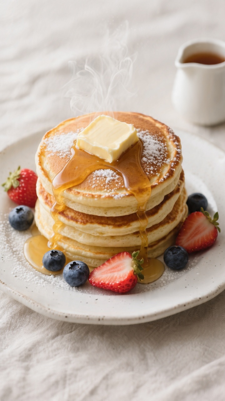 Overhead final presentation of a tall stack of bakery-style fluffy pancakes on a white stoneware pla
