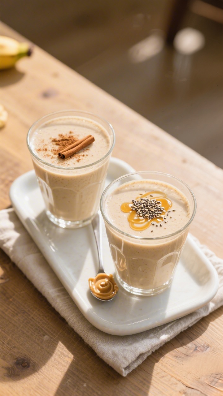 Overhead final presentation of the Creamy Banana Oat Smoothie served in two clear tumblers on a matt